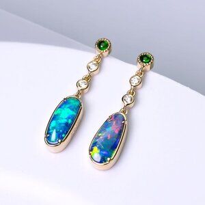 Stylish Doublet Opal Diamond Tsavorite Drop Earrings 18k Yellow Gold